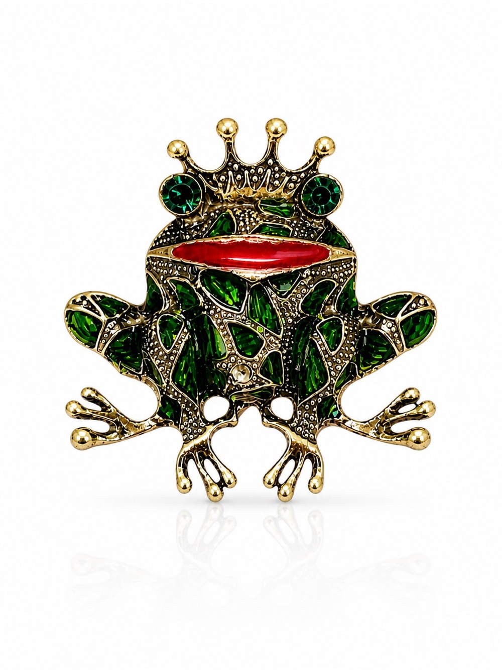 Gold-Tone Green Crystal Frog Prince Brooch with Red Enamel Mouth